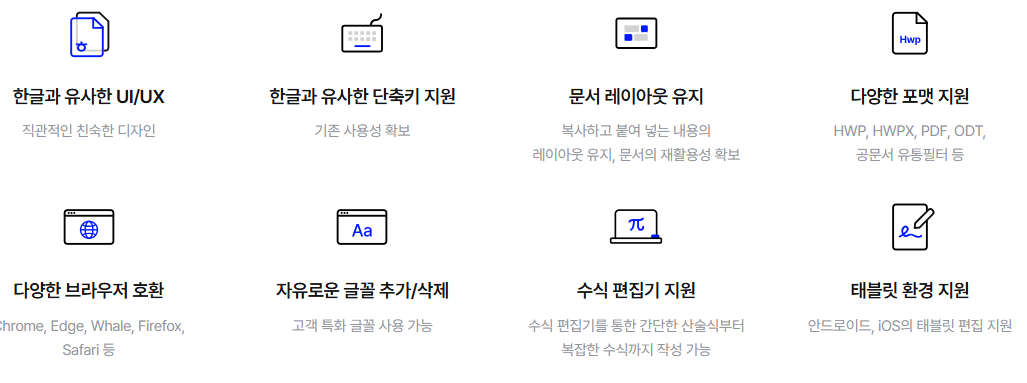 가장 유사한 단축키, 기능제공 HTML5 다양한 브라우저 호환, 설치가 필요없는 오피스 솔루션